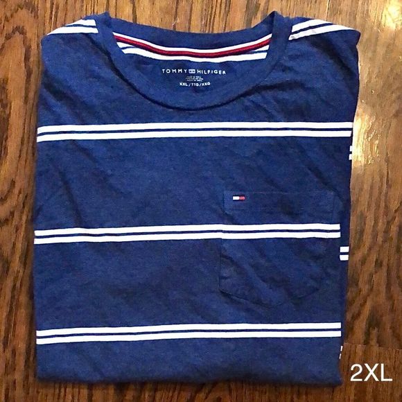 TOMMY HILFIGER Men’s White & Blue Stripe Short Sleeve Crewneck Tee Sz XXL - Picture 1 of 6
